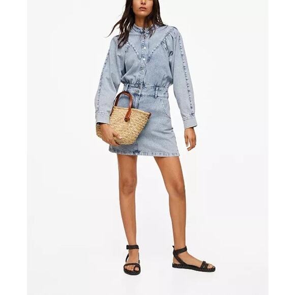 NWT MNG Denim Puff Sleeve Mini Dress Women's Size Medium - Picture 1 of 6